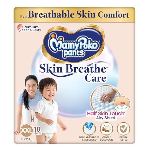 MamyPoko Pants Skin Breathe Care | Baby Diapers XXL Size (XXL) | 18 Count | 15-25Kgs | Half Skin Touch Airy Sheet | 3X Breathable | Derma Tested