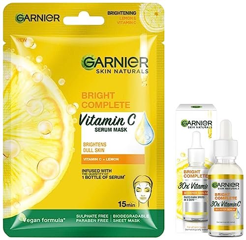 Garnier Light Complete VITAMIN C Booster Face Serum 30 ml and Garnier Skin Naturals, Light Complete, Face Serum Sheet Mask (Yellow), 30g