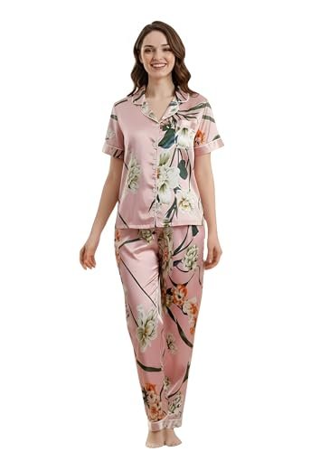Womexx Women Lycra Night Suit Set | Premium Soft Nightwear Pajama Set | Stylish Comfortable Sleepwear for Ladies | Elegant Lounge Wear Night Dress(WHF-140_Pink_M)