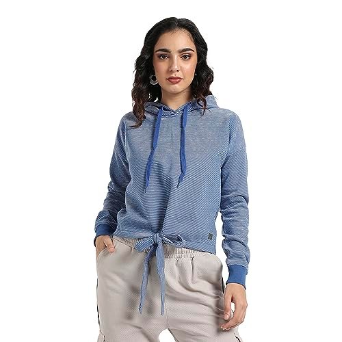Campus Sutra Women’s Blue Striped Hoodie with Tie-Up Waist for Casual Wear | Hooded Neck | Long Sleeve | Drawstring Closure | Cotton Sweatshirt Crafted with Comfort Fit for Everyday Wear (Size – XL)