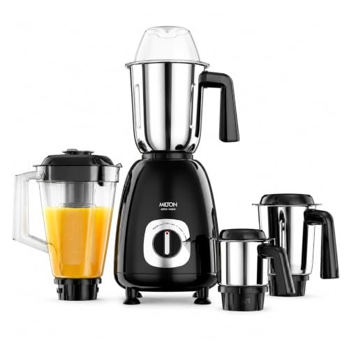 Milton Artis Mixer Grinder, ISI Certified, Grindstone Blade Technology, 4 Jar, 1000 W (22000 RPM), 5 yr motor warranty, 2 yr product warranty I Black
