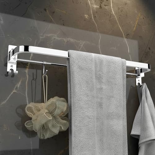 Plantex Stainless Steel Folding 24 Inch Single Towel Rod/Towel Holder for Bathroom with Hooks/Towel Hanger/Towel Stand/Bathroom Accessories – (24 Inch-Chrome)