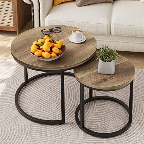 Smuxee Nesting Coffee Table Set of 2 for Living Room – Round Wooden Top & Matte Black Metal Base – Space Saving & Stylish