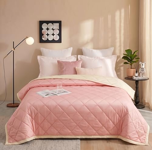 HOMEKART Colour Pop Microfiber Comforter 80×90 Inch | Double Bed Reversible AC Comforter | Soft Quilted Lightweight Blanket | 150 GSM Cozy All Season Comforter (Soft Rose Pink)