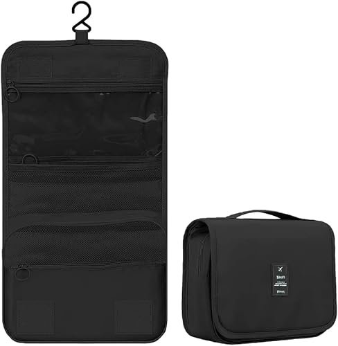 Travel Toiletry Bag with Hanging Hook, Waterproof Cosmetic Organizer Pouch, Foldable Makeup Storage Case with Mesh & Transparent Compartments, Portable Travel Accessories Bag (Black_Black)