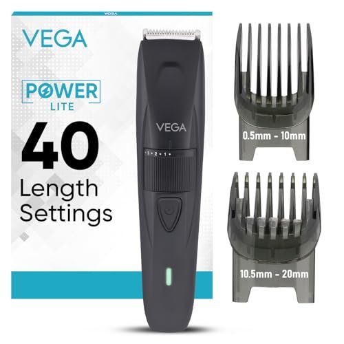 VEGA Power Lite Beard Trimmer for Men with Self-Sharpening Stainless Steel Blades, 40 Length Settings, 90 Min Runtime, 2 Comb Attachment, USB Type-C, Travel Lock, Hair Trimmer, 2Yrs Warranty (VHTH-38)