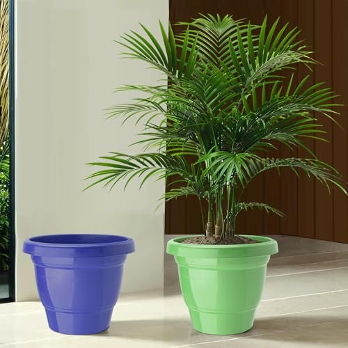 Urbane Home (Pack of 2) Flower Pot | 2-Layer Fuldani Flower Pot (8 Inch) Pots for Terrace, Garden | Plants Stand | Phooldaan for Home Décor | Synergy Indoor Plant Stand | Green & Blue