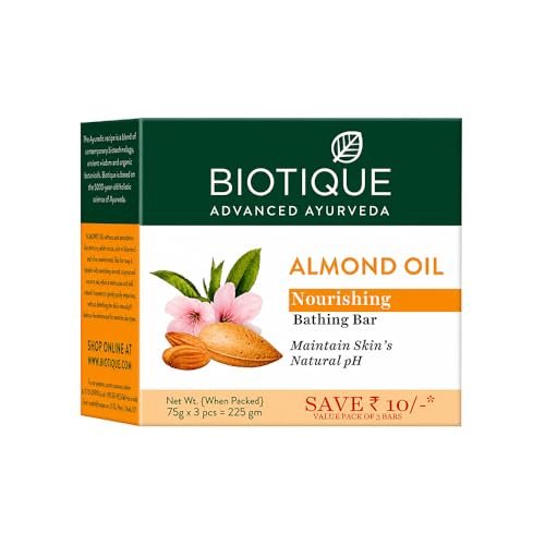 Biotique Almond Oil Nourishing Bathing Bar| Ayurvedic and Organically Pure| Maintains Skin’s Natural pH |100% Botanical Extracts| Suitable for All Skin Types | Pack of 3, 225 g (3 x 75 g)