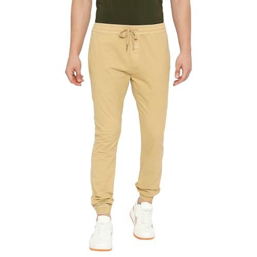 Spykar Khaki Jogger Fit Mid Rise Trousers for Men