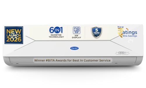 Carrier 1.5 Ton 5 Star, New Star rated, Flexicool Inverter Split AC (Copper, Convertible 6-in-1 with Smart Energy Display, Insta Cool, Auto Clean and PM 2.5 Filter, ESTER EDGE Gxi-CAI18EE5R36F0, White)