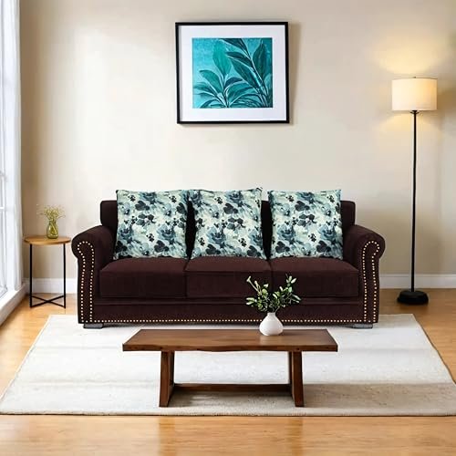 Peachtree Alton 3 Seater Sofa with Velvet Printed 3 Pillows for Living Room, Mango Wooden Frame & Iron Leg| Malfino Fabric Sofa for Dining Room, Hall, 3 Year Warranty | Padded Armstyle (Dark Brown)
