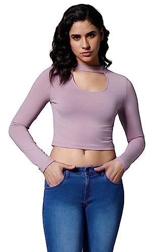 HIGH STAR Women Choker Neck Full Sleeves Soild Tops (Purple, S)