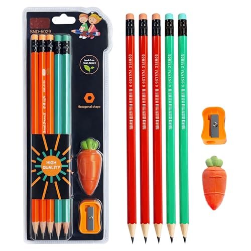 Toyshine HB Pencil Set with Eraser & Sharpener | 10 Pcs Writing Pencil Kit with Cute Carrot Eraser | Smooth Writing School Stationery Set for Kids & Students