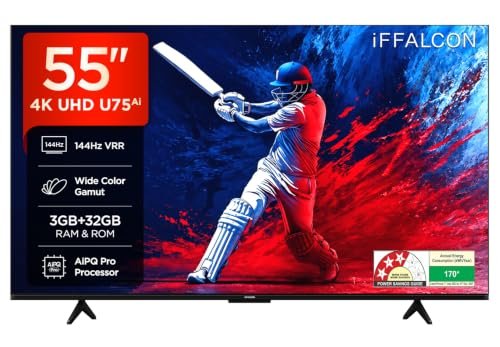 iFFALCON 139 cm (55 Inches) 4K UHD Smart LED Google TV | 144Hz VRR | 3GB RAM | Dolby Vision & Atmos | Game Master | 55U75