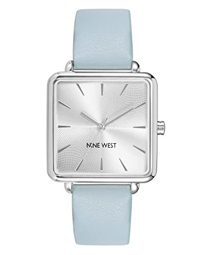 Nine West Women’s Analog Watch, Light Blue Faux Leather Strap, Vegan Leather Strap, Limited Movement, Chronograph, Silver-Tone Dial, NW/2671SVLB