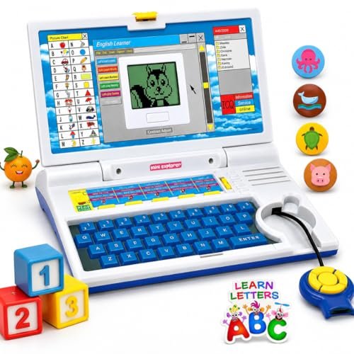 MiniExplorer Educational Computer Laptop Toy for Kids with Mouse |Toys for 2 – 5 Years Old Boys Girls| Learning Activity Alphabet, Letter, Words, Games & Music, Mathematics Logical Memory Tool – Blue