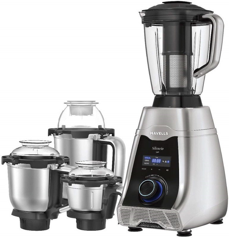 HAVELLS Silencio Low Noise 500 W Mixer Grinder 4 Jars (Grey & Black)(Silencio | 4 Jars | Grey, Black)