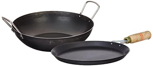 Amazon Brand – Solimo Sheet Metal Iron Cookware Set of 2 Pc (Tawa 23 cm Dia, Kadai 24 cm Dia) 100% Toxin-Free, Naturally Non-Stick, Long Lasting, Gas & Induction Stove-Friendly