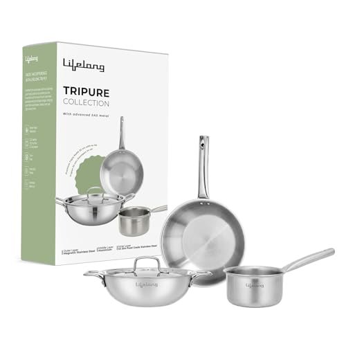 Lifelong Triply 4-piece cookware Set|Kadai,Frypan & Saucepan|Stainless Steel 22 cm Kadai & Fry Pan22 cm with Stainless Steel Lid|16 cm Sauce Pan|Induction Bottom & Gas Stove Cookware(Silver)