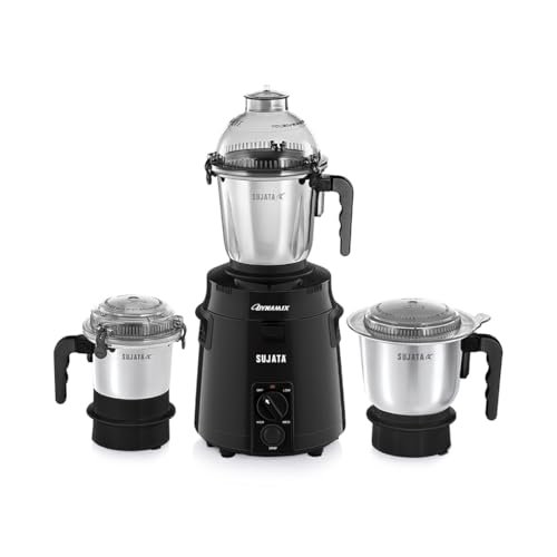 Sujata Dynamix Mixer Grinder|900 Watts Double Ball Bearing Motor|22000 RPM|Non-Stop 90 Mins Running|3 Food Grade Steel Jars – 1500ml Multipurpose, 1000ml Grinder, 500ml Chutney Jar|Black