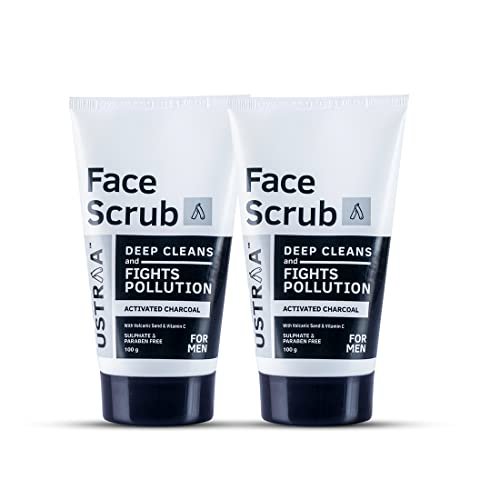 Ustraa Face Scrub for Men – 2 x 100g – with Activated charcoal, Tahitian Volcanic Sand & Walnut Granules – Great for Exfoliating skin & facial detox, Fights blackheads – For All Skin type (Set of 2)