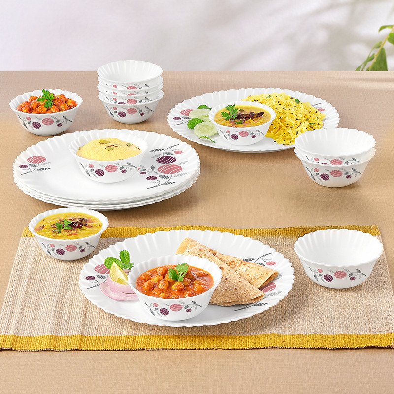 Larah by Borosil Pack of 18 Opalware Dinner Set(Pink, Microwave Safe)