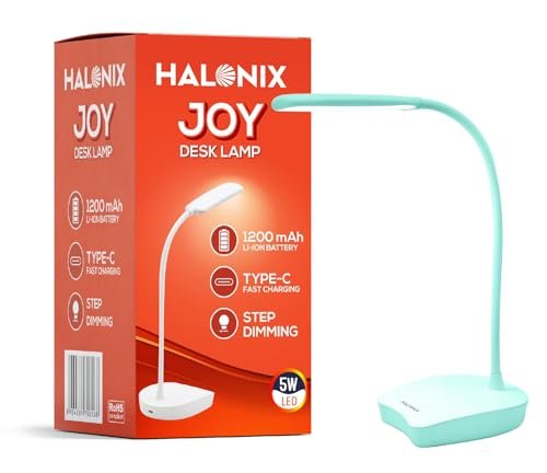 Halonix Joy Rechargeable Desk Lamp with C-Type Charging | LED Study Table Lamp with Step Dimming | Li-ion Battery | Portable Eye-Care Light for Study, Work & Home Use