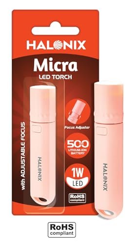 Halonix 1W Micra Rechargeable Torch with Focus Adjuster | Li-ion Battery | Compact LED Flashlight | Adjustable Beam | Pocket Torch for Women | Ideal for Travel & Home | Pink/Green