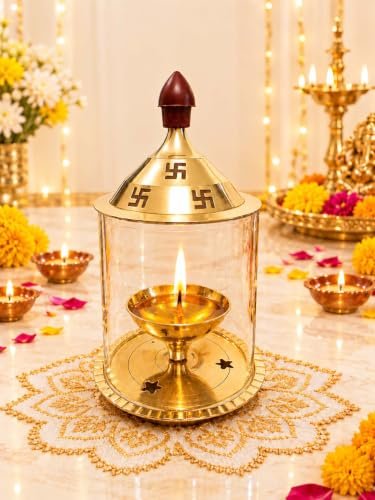 Heaven Decor Brass and Glass akhand deep Diya with Cover for Puja | Deepam Jyot Diya Oil Lamp | Pooja Articles and Pooja Items for Home Temple 4.8 inch