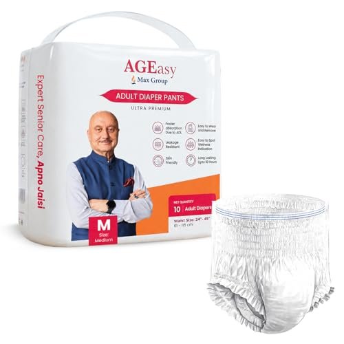 AGEasy (Max Group) Unisex Adult Diaper Pants | M (Waist 24-45 inches) | 10 Units | Overnight Leak Protection | Wetness Indicator | Odour Lock | Anti-Bacterial | Skin Friendly
