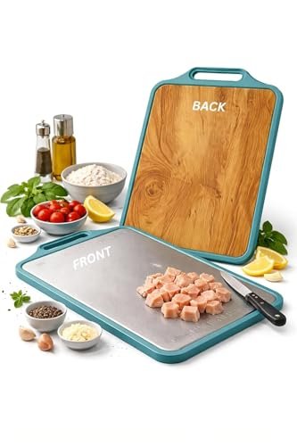 Sensilo 2 in 1 SteelWood Chopping Cutting Board, One Side Steel One Side Teak Wood, for Vegetable,Fruit,Bread & Durable Safe & Heavy Duty, (36 x 24 cm, Steel Wood)