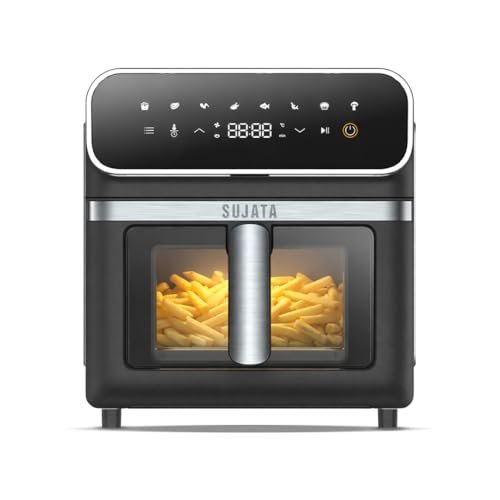 Sujata Fryomatic Plus Air Fryer 6.4L | 2000W| Up to 80% Less Oil Usage | Bake, Grill & Roast| 8 Preset Modes| Digital Display & Touch Control Panel |Glass Window with in built Light | 2 Years Warranty