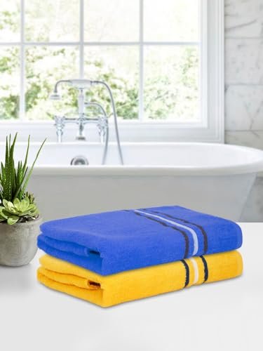 Cortina 480 GSM Ultra Soft, Super Absorbent, Antibacterial Treatment, 100% Cotton Large Bath Towel, 70 cms x 140 cms (Blue/Yellow, Set of 2)