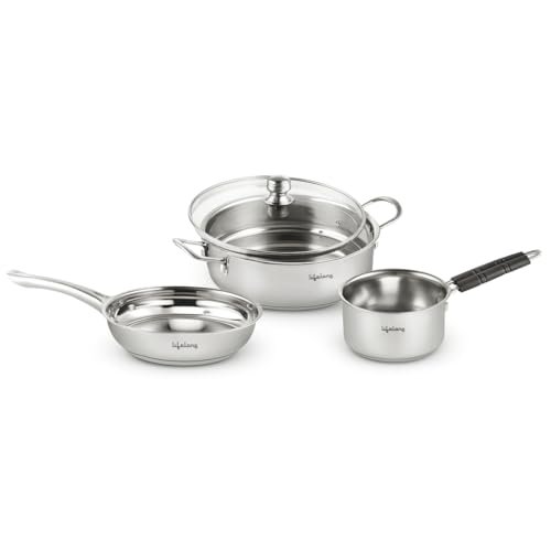 Lifelong 4 piece Stainless Steel cookware Set | 22 cm Kadai & Fry Pan 22 cm with Glass Lid | 14 cm Sauce Pan | Sandwich Bottom | Induction & Gas Stove Compatible (Silver, LLSSKFS01)