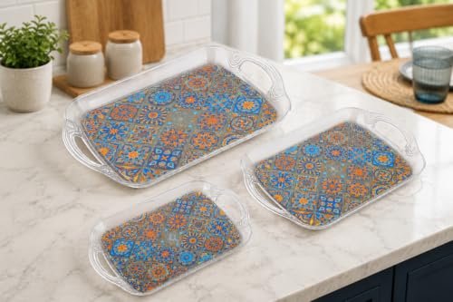Clazkit 3-Set Tray for Kitchen & Dining | Multipurpose Serving Tray with Easy-Grip Handles | Tea, Coffee, Snacks & Food Serving Tray