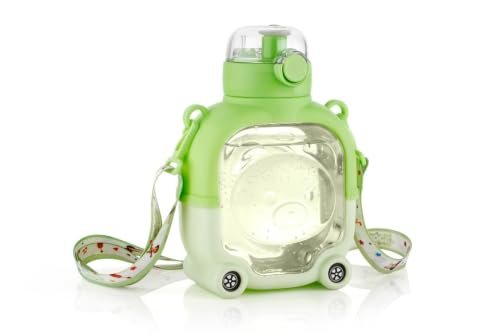 Clazkit 2-in-1 Cute Bear Shaped Water Bottle with Straw & Adjustable Strap | Leakproof Kids Sipper Bottle | BPA-Free Reusable Water Bottle for School, Travel & Outdoor Use – 900ml (Green)