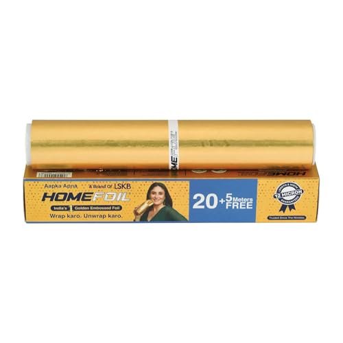 HOMEFOIL 25 Meters Golden Embossed Converted Aluminium Foil | 12 Micron Thickness | Keeps Food Fresh Always | Perfect for Food Wrapping, Packing, Storing and Serving (Pack of 1)