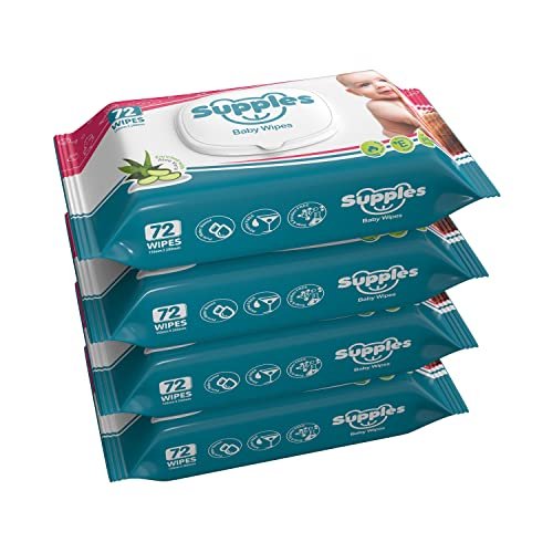 Amazon Brand – Supples Baby Wet Wipes with Lid | 288 Wipes | 72 Wipes x 4 Packs | Enriched With Aloe Vera and Vitamin E | Alcohol-Free and Paraben-Free | Pure Water-Based formulation