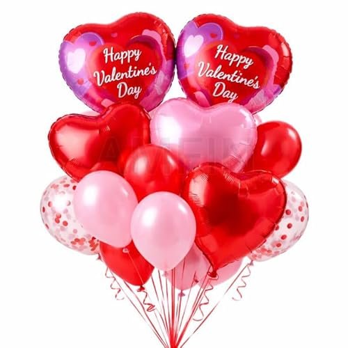 AMFIN (Pack of 14) Happy Valentine’s Day Balloon Decoration Set | Romantic Heart Foil Bouquet Metallic Helium Bunch Proposal Anniversary Celebration Party Décor – Red Purple