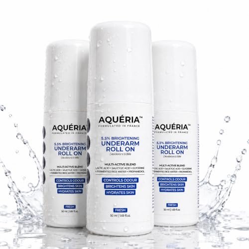 Aqueria Pack of 3 Underarm Brightening Roll-On for Men & Women | Lactic Acid, Fermented Rice Water & Glycerine | Helps Reduce Dark Underarms, Pigmentation & Uneven Skin Tone | Controls Body Odour | Fresh Fragrance | (50ml x 3)