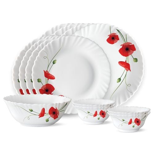 Larah by Borosil Fluted Series Red Carnation Opalware Dinner Set | 13 Piece for Family of 4 | Microwave & Dishwasher Safe | Bone-Ash Free | Crockery Set for Dining & Gifting | Plates & Bowls | White