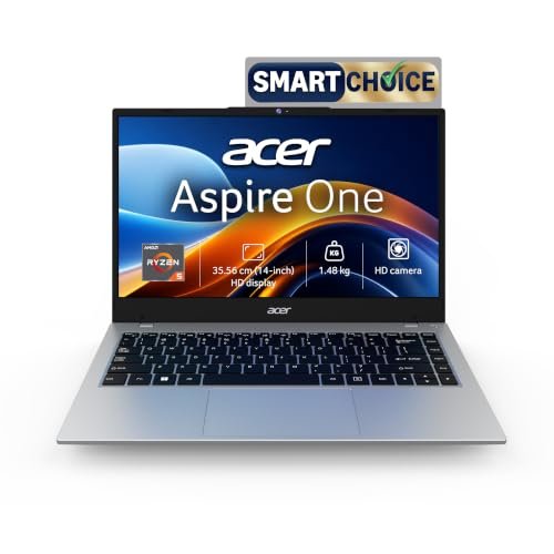 Acer Smartchoice Aspire One, AMD Ryzen 5-40, 8GB LPDDR5 RAM/ 512GB SSD, 14.0″/35.56cm WXGA Display, Win 11 Home, Pure Silver, 1.48KG, A114-43, Thin and Light Laptop