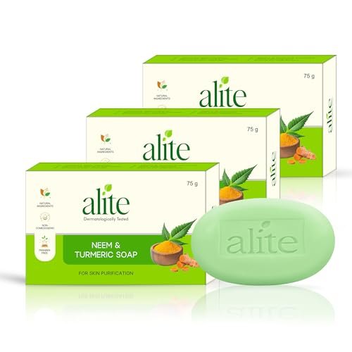 Alite Neem & Turmeric Soap for Skin Purification & Natural Glow | Herbal Bath Soap with Neem Oil & Turmeric Extract | Cleanses Tan Build-Up, Supports Even-Toned Skin | Men Women | Paraben-Free | 75g Each Pack of 3