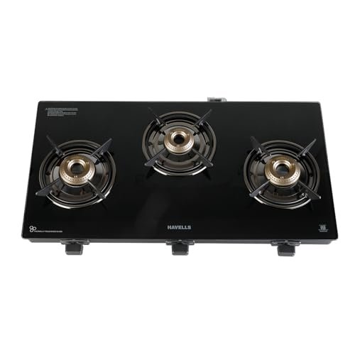 Havells GEOSLIM JUMBO Gas stove |3 Heavy Duty Forged Brass Burner|6 mm Toughened Glass|Premium Valves|Removable Drip Tray|Soft Touch Knobs|5 year Warranty on Burners, Glass & Valves by Havells (Black)