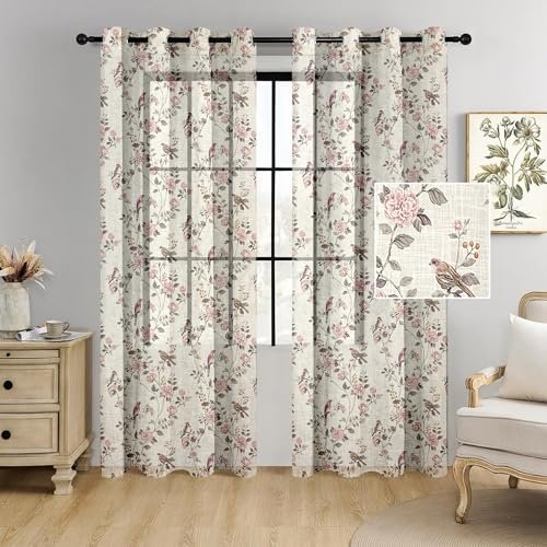 Cortina Linen Printed Sheer Curtain Set of 2 Eyelet Ring Hanging, Floral Printed Curtains Non Blackout Light Filtering Curtains (Pink, 7FT)