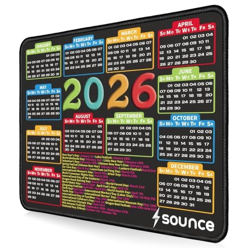 Sounce Mouse Pad 9.6×7.9×0.1 inch, Ultra-Smooth Tracking Surface for PC & Laptop, Durable Stitched Edges, Non-Slip Rubber Base, Washable Computer Mat, Anti-Fraying Design (2026 Calendar) Black