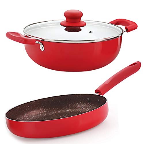 Nirlon Red Stone Induction and Gas Compatible Non Stick Aluminium 3 Piece Cookware Set {1 Fry Pan 240mm – 1.5 Liter|1 Kadhai 240mm – 3 Liter|1 Glass Lid}