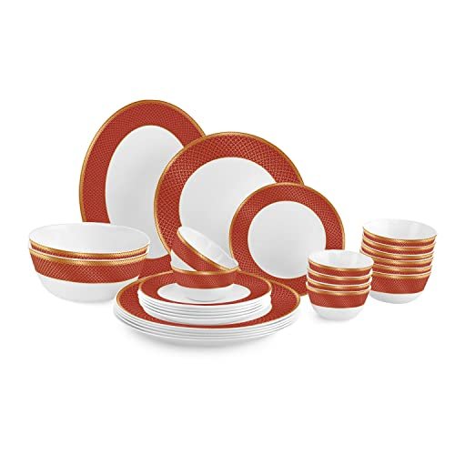 Cello Opalware Solitaire Series Ruby Dinner Set, 27 Units | Opal Glass Dinner Set for 6 | Crockery Set for Festive Ocassions, Parties | White Plate and Bowl Set
