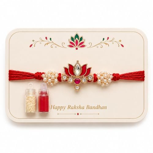 Arrakasta Crafts Minimalist Premium Kundan Lotus Floral Rakhi For Brother Pack Of 1/2/3/4/5 | Designer Traditional Handmade Pearl Raksha Bandhan Moli Thread Bracelet Combo For Bhai, Bhaiya, Sister, Sister In Law, Men, Kids, Teens & Boys