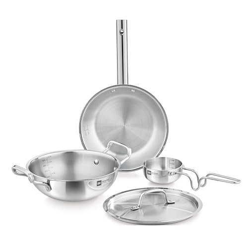 Bergner TriPro Tri-Ply Stainless Steel 4 Pcs Cookware Set – 22cm Indian Wok/Kadai with Lid, 22cm Frypan, 10cm Tadka Pan, Even Heating, Less Oil Use, Healthy Cooking – Induction and Gas Stove Ready